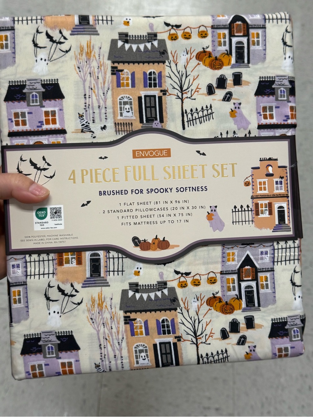 Envogue Cream Halloween Village Print Brushed Sheet Set
